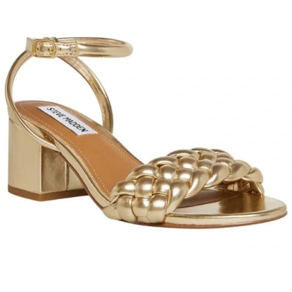 Steve Madden Irisa Metallic Gold Ankle Strap Block Heel Women Sandals - Size 8.5